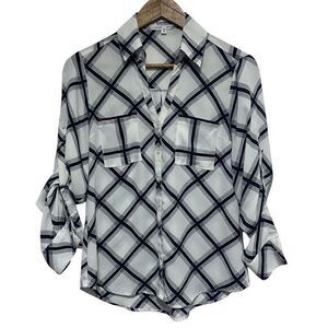 Express Blouse Womens XS Portofino Black Plaid Button Front Long Roll Tab Sleeve